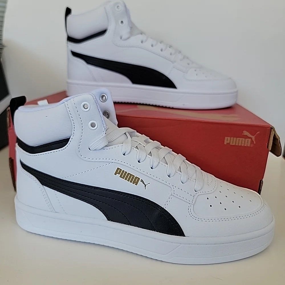 Size 7 Puma Caven 2.0 Mid Jr White/black-gold New With Original Box